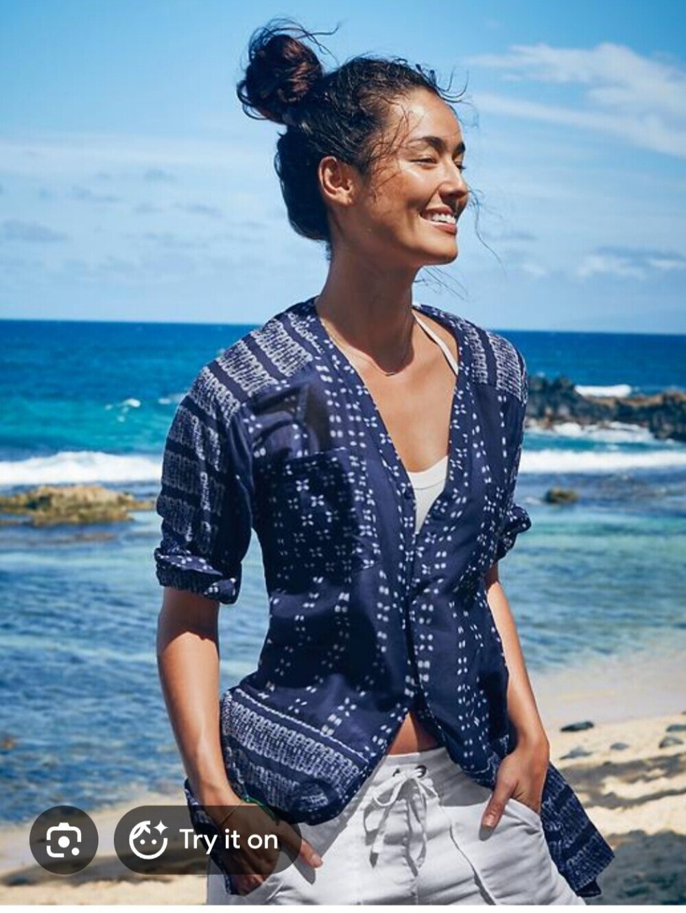 Athleta Ikat Silk Blend Lightweight Navy Blue White Button Tunic Top Swim Cover